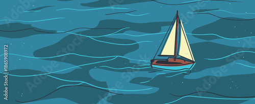 Charming illustrated sailboat with a yellow sail navigates the calm, dark blue ocean waters during a quiet night voyage in a simple, hand-drawn artistic style