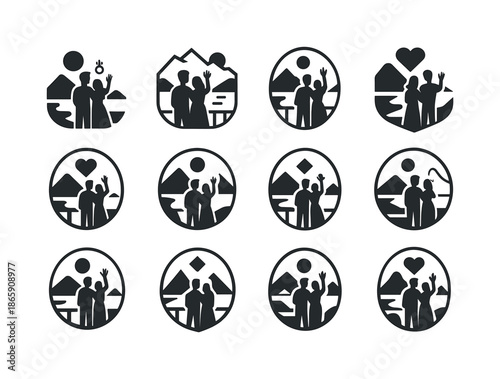 Vacation Engagement Icons. Engagement on vacation. Icon set. Set Logo of engagement on vacation: couple at scenic overlook. harmonious logo variations of the