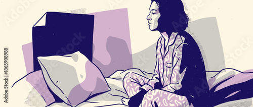 Calm illustrated woman in patterned pajamas sits meditatively in bed with her eyes closed in a serene bedroom scene with graphic novel style art and a limited color palette