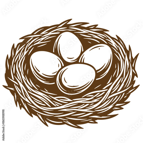 Brown bird nest with three eggs isolated on transparent background