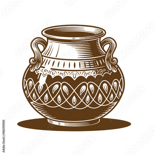 Brown clay pot with white designs and two handles on a white background