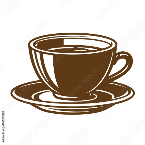 Brown coffee cup and saucer on white background  simple illustration