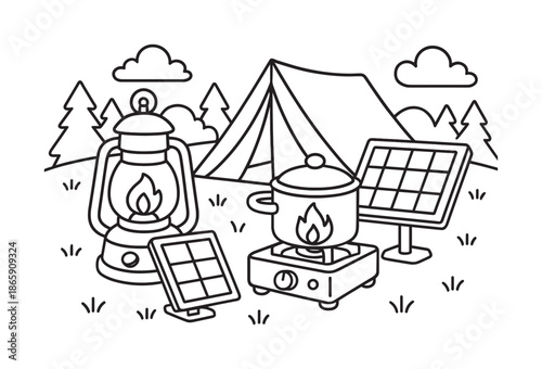 Solar Camping Coloring. Solar camping tools children?s coloring book illustration, outlined drawing, a small lantern and cooker with basic solar panels at a