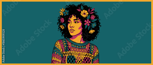 Beautiful illustrated woman with curly hair adorned with colorful flowers wears a patterned sweater in a vibrant, retro pop art style with a thoughtful expression