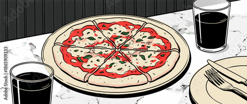Sliced Margherita pizza with basil illustration in a pop art comic book style served on a marble table with drinks and cutlery for a casual dinner