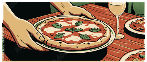 Delicious Margherita pizza with fresh basil and melted mozzarella is served by hand at a restaurant table in a bold, retro comic book style illustration