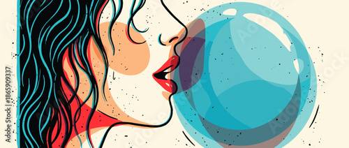 Stylish pop art illustration of a woman's face in profile blowing a large blue bubble from chewing gum, featuring bold lines, vibrant red lips, and a modern, playful aesthetic