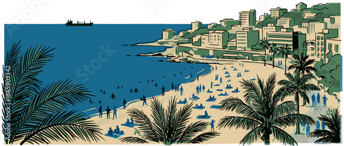 Stylized graphic illustration of a crowded beach with people swimming and sunbathing along a coastline city with palm trees, rendered in a retro screen print style