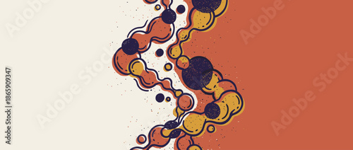 Abstract organic wavy line structure with interconnected bubbles and circles in a retro color palette of orange, blue, and yellow, featuring a hand-drawn style with stippled texture