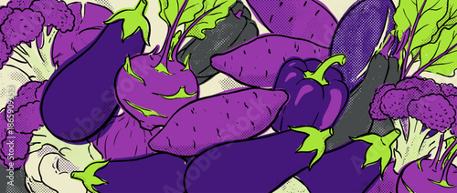 Collection of purple vegetables illustrated in a graphic pop art style, featuring eggplant, cauliflower, and sweet potato in a dynamic, overlapping pattern with bold outlines