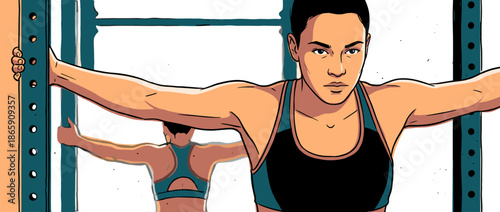 Determined woman with short hair wearing a sports bra intensely stretches her arms and chest on gym equipment, showcasing strength and focus in a bold comic book art style