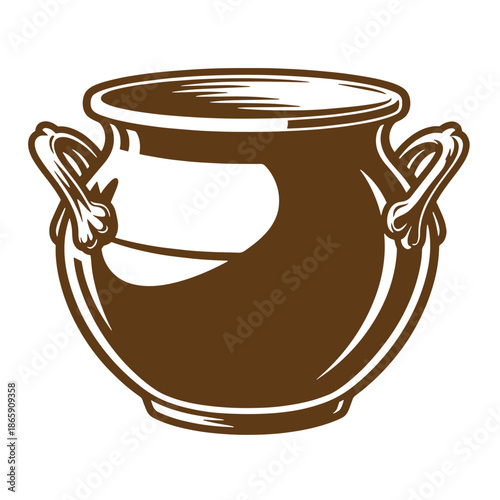 Brown clay pot with two handles on the sides isolated on white background