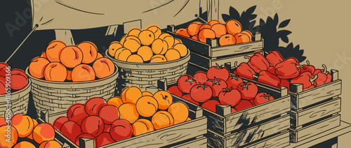 Fresh ripe fruits and vegetables displayed in wooden crates and woven baskets at a farmers market stall in a retro graphic illustration style with halftone details