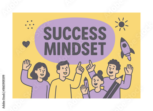 Success Mindset Banner. Success mindset banner, flat vector illustration, bold oversized text inside rounded blob, cartoon characters waving and pointing