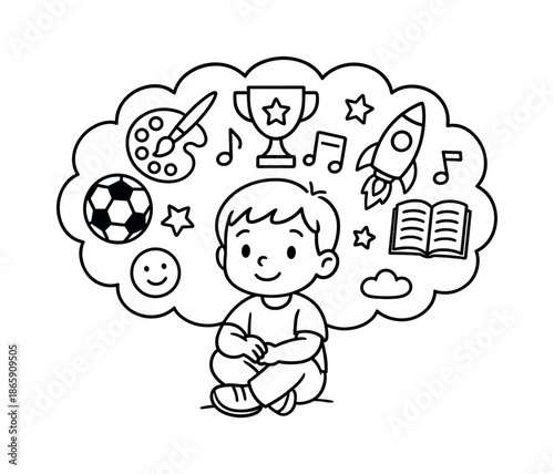 Dream Cloud Coloring. Cloud of dreams children?s coloring book illustration, outlined drawing, child sitting under a fluffy dream cloud filled with symbols of