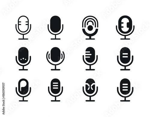 Podcast Icon Set. The rise of podcasts and their cultural impact. Icon set. Set Logo of The rise of podcasts and their cultural impact: podcast microphone.
