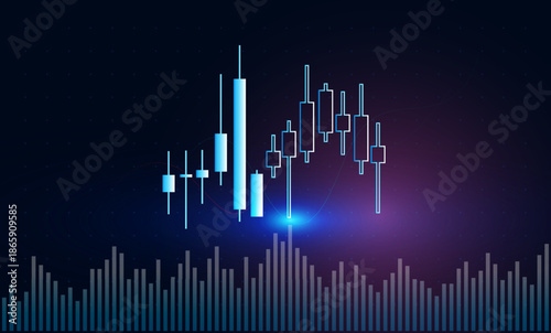 Dynamic financial chart displays stock price analysis with cyan trend lines over red candlesticks. Forex graph reveals profit potential through blue overlay on volatile market