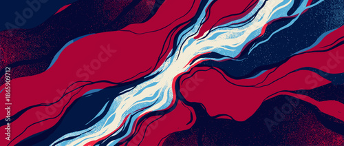 Abstract graphic illustration with dynamic flowing lines and wavy shapes in a bold red, white, and blue color palette with a textured, retro-inspired design
