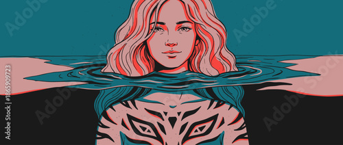 Beautiful illustrated woman with wavy pink hair and tribal tattoos on her body is submerged in dark, calm water, looking forward with a serene and mysterious expression
