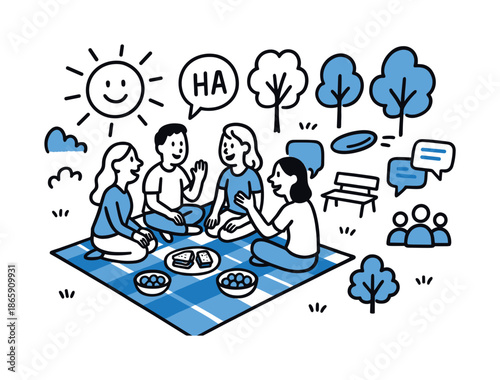 Picnic in the Park. Outdoor Socializing. Hand-drawn doodle illustration Outdoor Socializing picnic blanket (colored #1e79e7), people talking, shared food