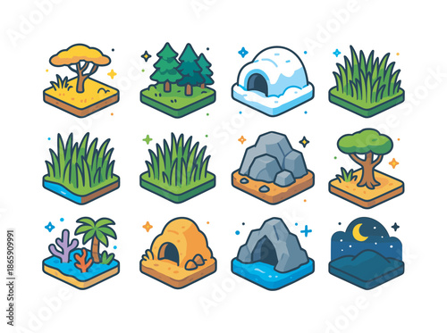 Colorful Predator Habitats. Predator Habitat. Colorful isometric vector icons set of Predator Habitat: savanna terrain, forest shadows, snowy den, riverbank