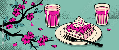 Delicious slice of strawberry cake with whipped cream on a plate with a fork, two pink drinks, and a blooming sakura branch in a graphic pop art illustration