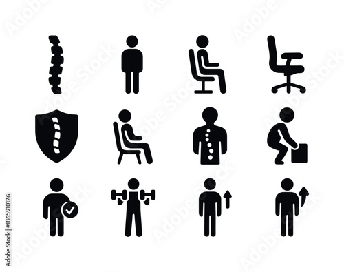 Postural Health Icons. Postural health. Solid icon set of postural health: healthy spine icon, correct stance, correct sitting, ergonomic adjustment, posture