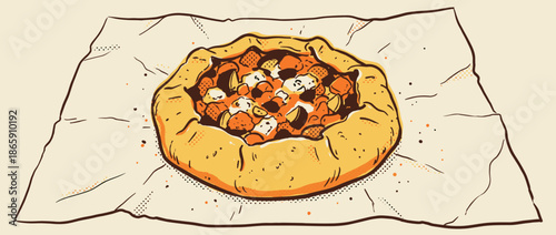 Rustic homemade galette with a savory filling, depicted in a charming hand-drawn illustration with a warm, vintage aesthetic and bold outlines