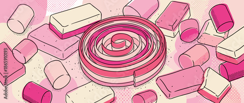 Pink and cream chewing gum illustration featuring a central roll of tape gum surrounded by sticks and cylindrical pieces in a fun, pop art style with halftone dot patterns
