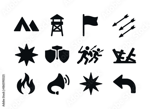 Enemy Camp Attack Icons. Enemy camp under attack. Solid icon set of enemy camp under attack: camp tents, guard tower, alert flag, incoming arrows, explosion