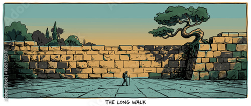 Tiny lone traveler with a backpack and stick walks along a massive ancient stone wall in a vast, epic landscape with a gnarled tree, drawn in a comic book style