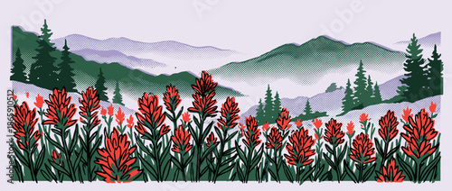 Red Indian paintbrush wildflowers blooming in a scenic mountain valley with evergreen pine trees and distant misty peaks in a retro halftone illustration style