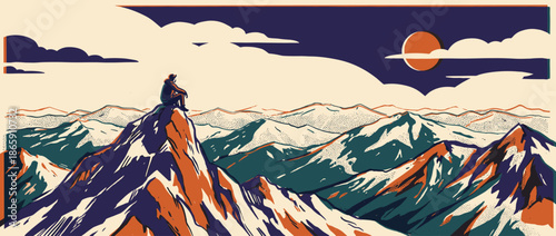 Lone hiker sitting on a mountain peak contemplates the vast, snowy range below in a serene, graphic woodcut style illustration with a limited color palette and a large sun