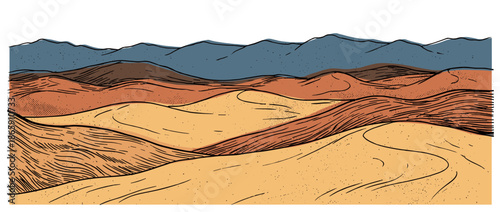 Colorful desert landscape illustration featuring warm sand dunes and cool blue mountains, rendered in a bold graphic style with black outlines and halftone textures