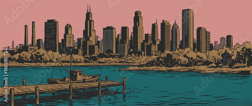 Hand-drawn cityscape illustration in a retro comic book style showing a major metropolitan skyline with a small fishing boat moored at a wooden pier on a calm lake