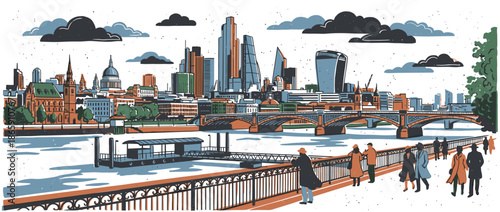 Stylized linocut style illustration of a major city skyline with a river, bridge, and people on an embankment, depicted in a limited color palette with graphic, bold lines