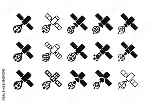 Space Debris Logos. Space debris cleanup. Icon set. Set Logo of space debris cleanup: debris-collecting satellite. harmonious logo variations of the same