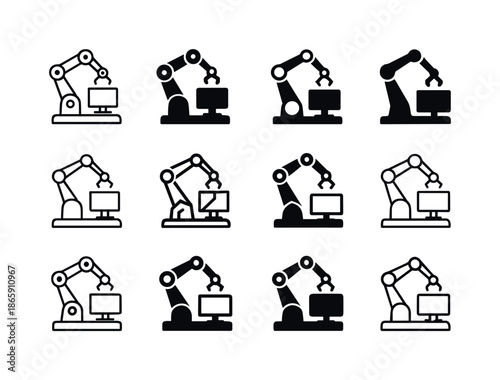 Smart Workspace Logos. Smart Workspaces. Icon set. Set Logo of Smart Workspaces: robotic arm assisting at workspace. harmonious logo variations of the same