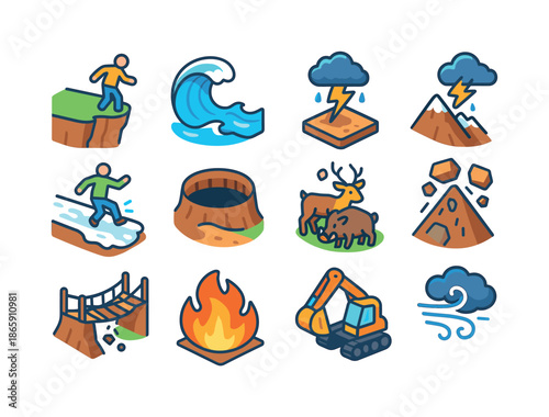 Risky Situations Icons. Risky situations. Colorful isometric vector icons set of risky situations: cliff edge, strong waves, icy path, lightning strike, deep