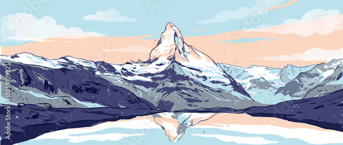 Beautiful mountain landscape vector illustration showing a snow-covered peak reflected in a tranquil lake, depicted in a graphic comic style with a pastel color palette at dawn