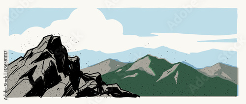 Hand-drawn illustration of a rocky mountain peak with a scenic view of a green alpine range under a cloudy sky, featuring a bold graphic style with stippling texture