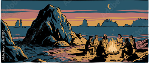 Group of diverse friends sitting around a glowing campfire on a rocky beach at dusk, enjoying a peaceful evening together in a serene coastal landscape with a crescent moon