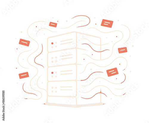 Digital Data Flow. Server. A glowing rack rises with flowing data lines; floating packets swirl around it like digital currents. Soft pulses