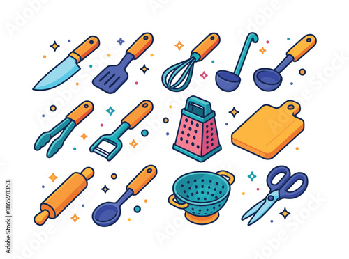 Colorful Kitchen Icons. Kitchen utensils. Colorful isometric vector icons set of kitchen utensils: chef?s knife, spatula, whisk, ladle, tongs, peeler, grater,