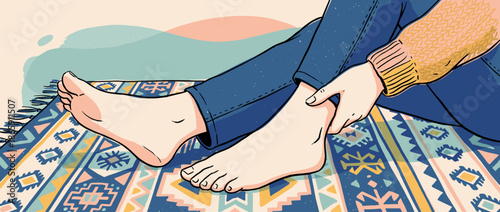 Person's bare feet and sprained ankle being massaged while sitting on a colorful patterned rug, illustrating joint pain, injury, or discomfort in a modern graphic style