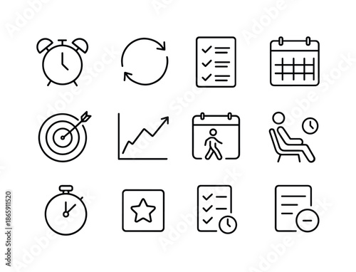 Healthy Routine Icons. Healthy routine. Line icon set of Healthy routine: alarm clock, habit loop, checklist, daily planner, goal icon, progress chart,
