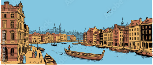 Historical European city canal scene illustration with classic old buildings, people in vintage clothing, and traditional boats on the water in a retro comic book art style