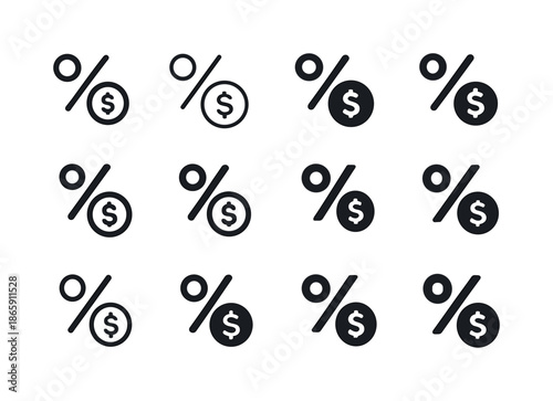 Interest Calculation Icons. Calculating interest on savings. Icon set. Set Logo of Calculating interest on savings: percentage sign and coin. harmonious logo