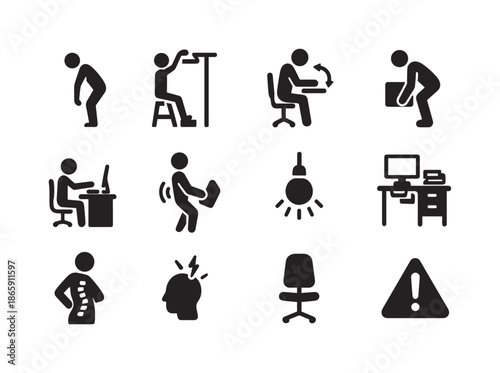 Ergonomic Hazard Icons. Ergonomic hazards. Solid icon set of Ergonomic hazards: awkward posture icon, overreaching symbol, repetitive motion icon, heavy