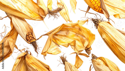 Close-up of dried corn husks and cobs against a black background